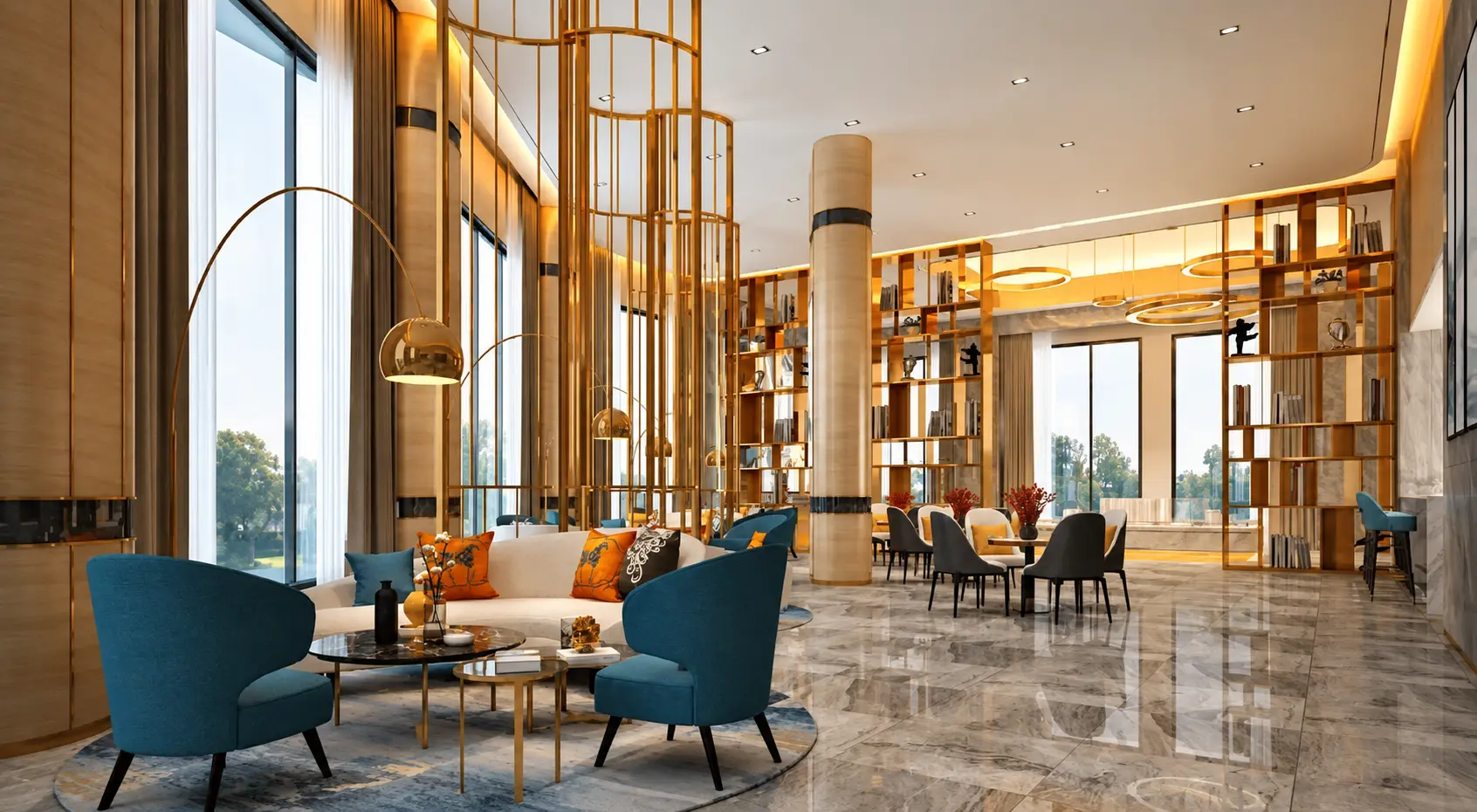 Luxury interior with gold-toned architectural metal details